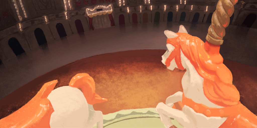 Escenari amb dos caballets de fira en primer pla i un espai fosc on al fons es veu una paret amb portes de diferents colors i llums de circ.