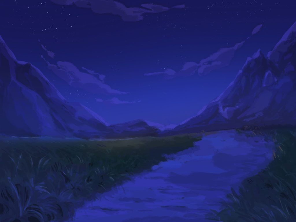 Fons nocturn de muntanya, veiem un camí de terra que condueix cap a l'horitzó ón néixen muntanyes.